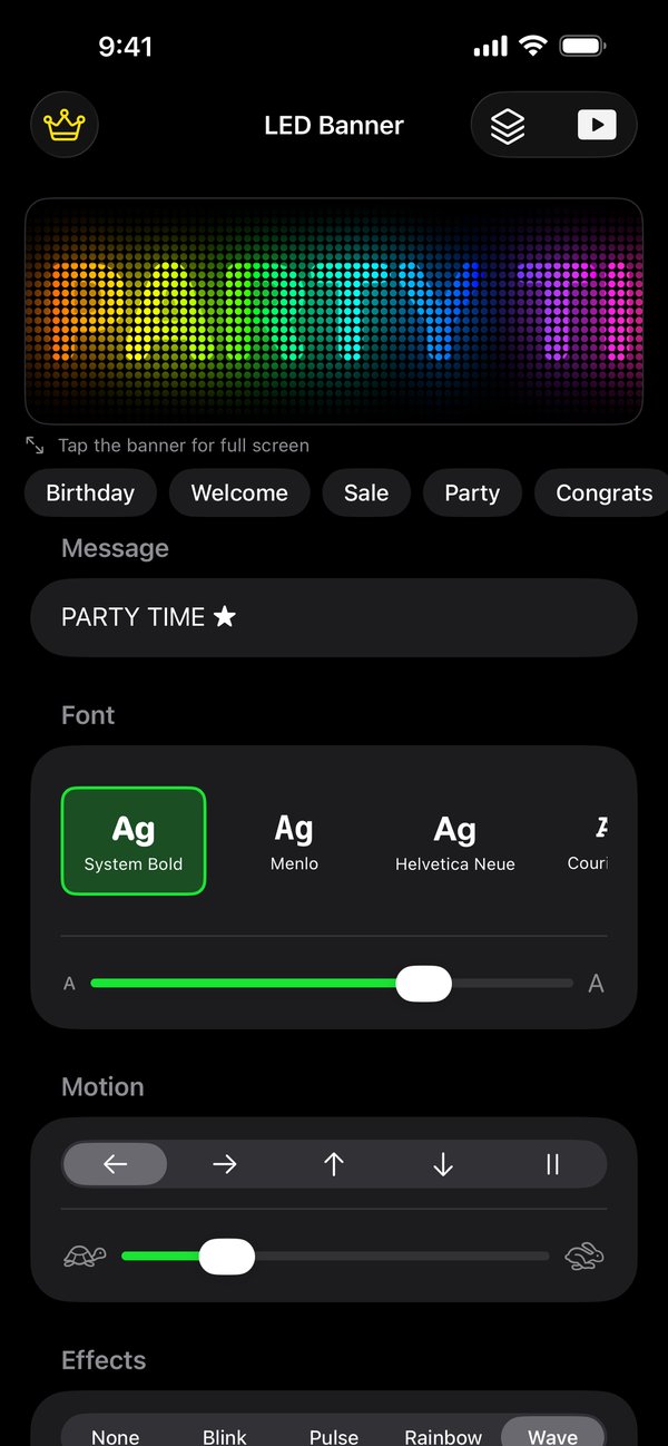 Main screen with a live rainbow preview, one-tap templates and the message editor