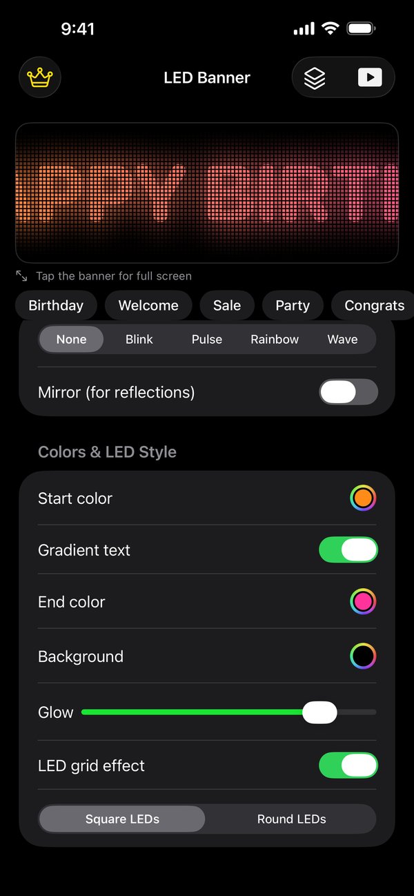 Gradient text: HAPPY BIRTHDAY fading from orange to pink, with start and end colour pickers