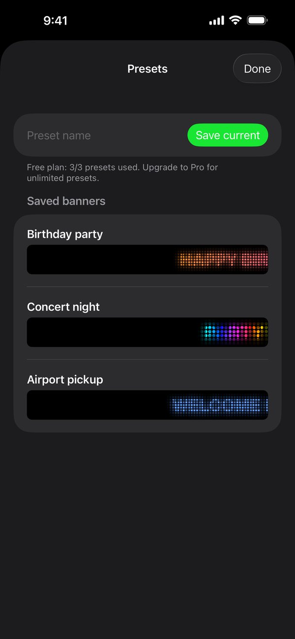 Saved presets: Birthday party, Concert night and Airport pickup