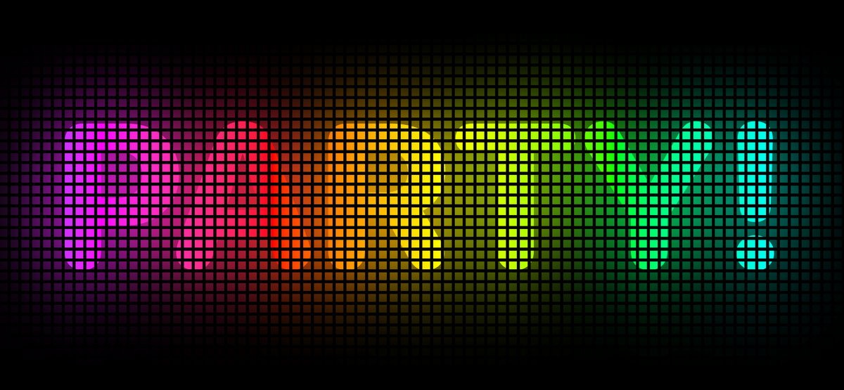 Full-screen banner reading PARTY! in rainbow LED letters